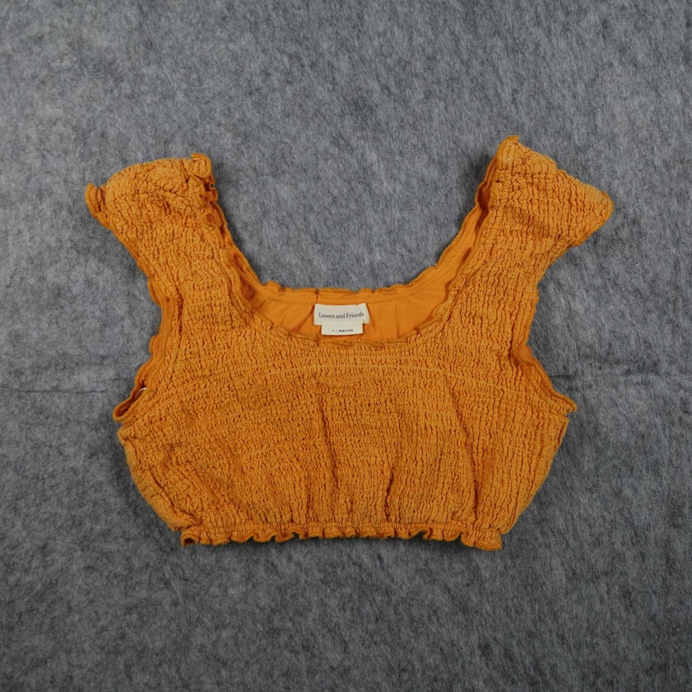 Loversโ Friends Top Women Small Orange Smocked Cropped Cap Sleeve Textured Boho